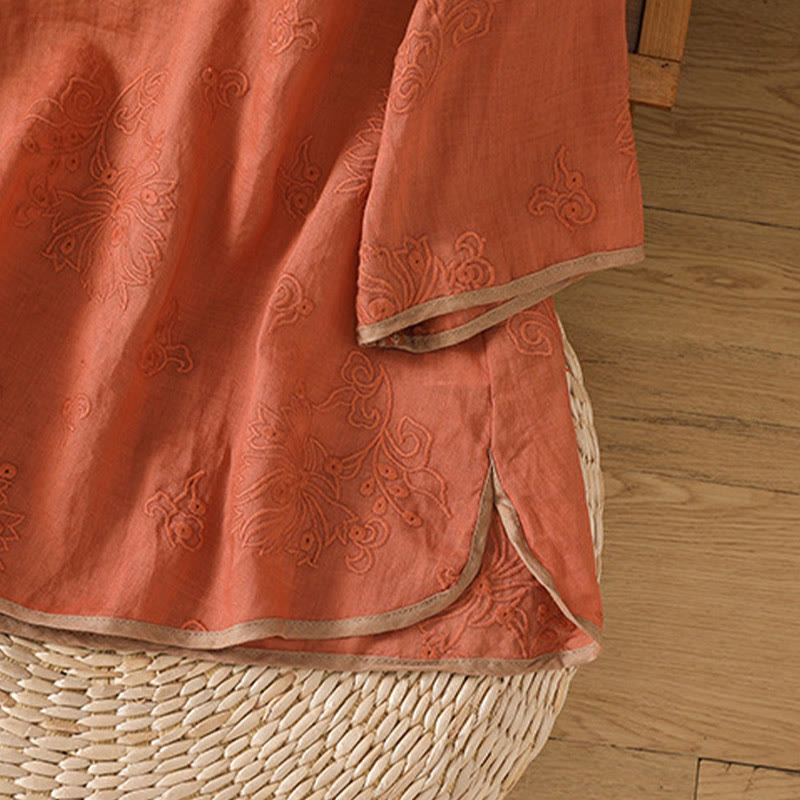 Breathable Cotton Linen Embroidered V-Neck Meditation Shirt