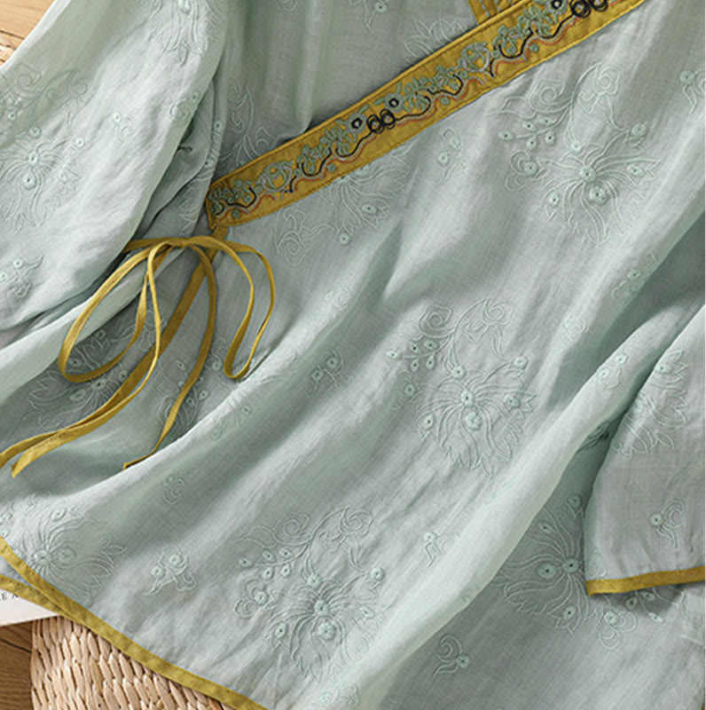 Breathable Cotton Linen Embroidered V-Neck Meditation Shirt