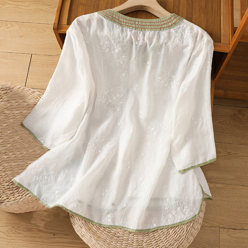 Breathable Cotton Linen Embroidered V-Neck Meditation Shirt