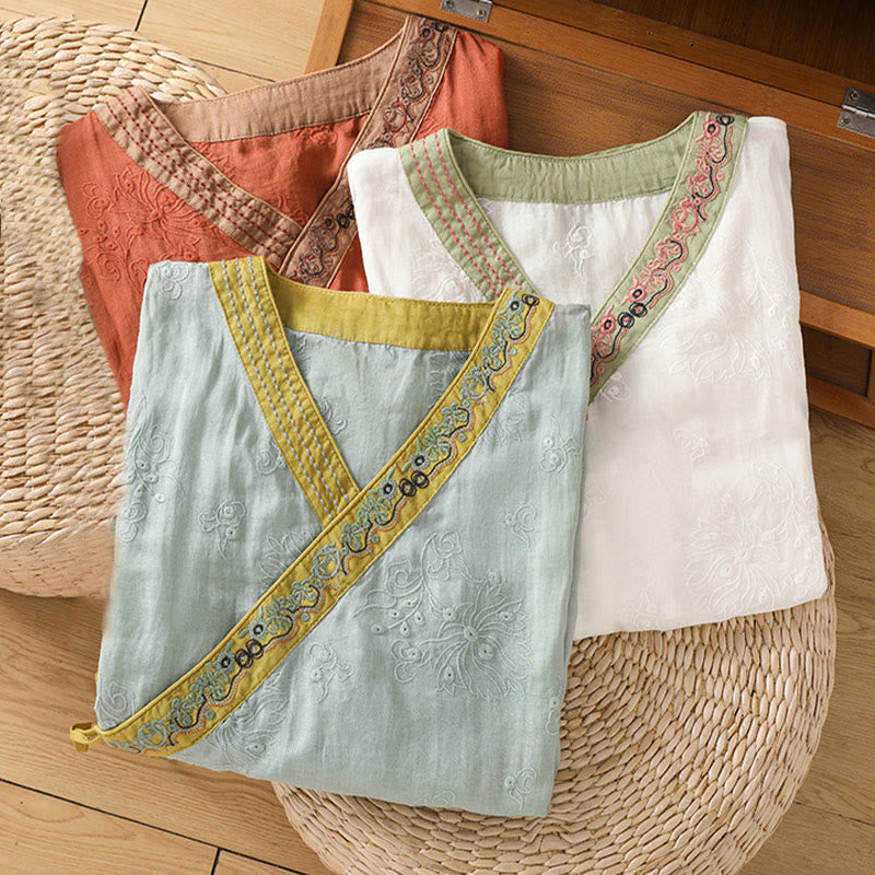Breathable Cotton Linen Embroidered V-Neck Meditation Shirt
