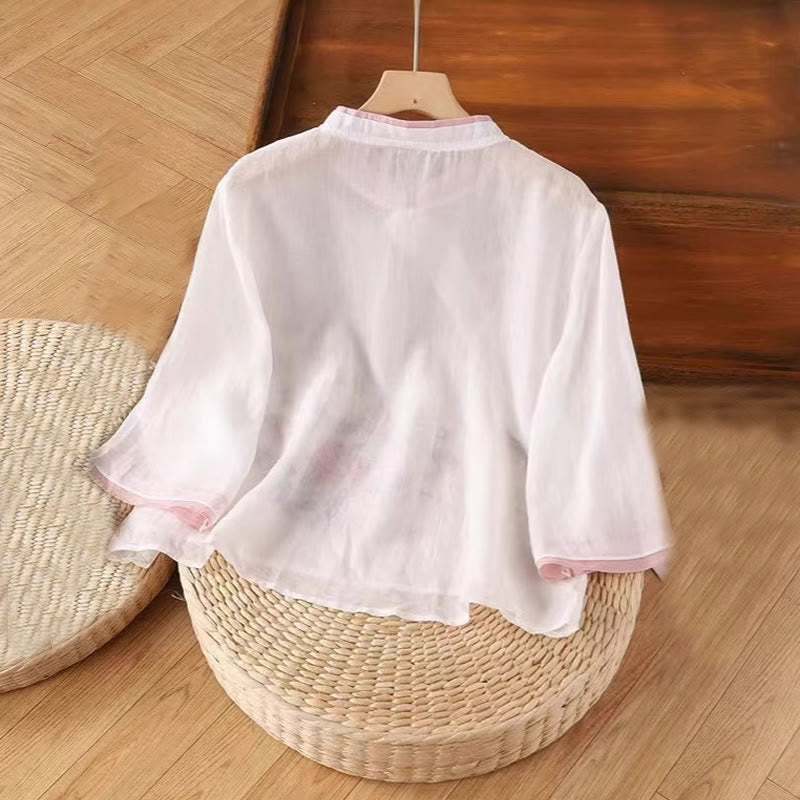 Vintage Zen Embroidery Plant Floral Pattern Chinese Frog-Button Design Three Quarter Sleeve Women's Cotton Linen Shirt