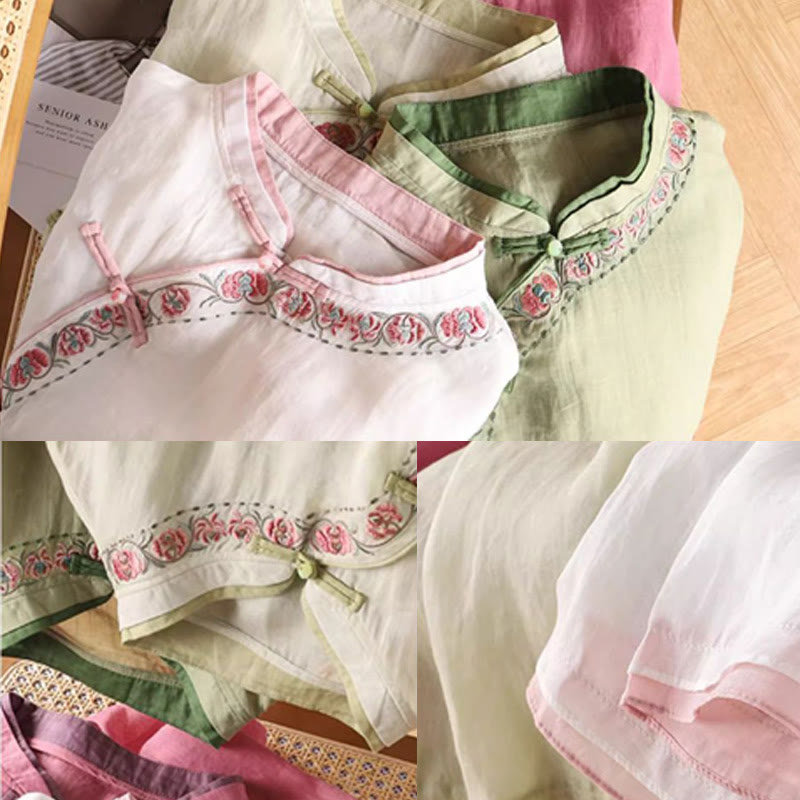 Vintage Zen Embroidery Plant Floral Pattern Chinese Frog-Button Design Three Quarter Sleeve Women's Cotton Linen Shirt
