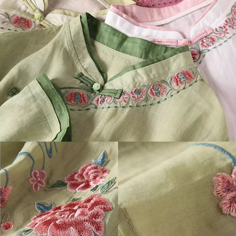 Vintage Zen Embroidery Plant Floral Pattern Chinese Frog-Button Design Three Quarter Sleeve Women's Cotton Linen Shirt