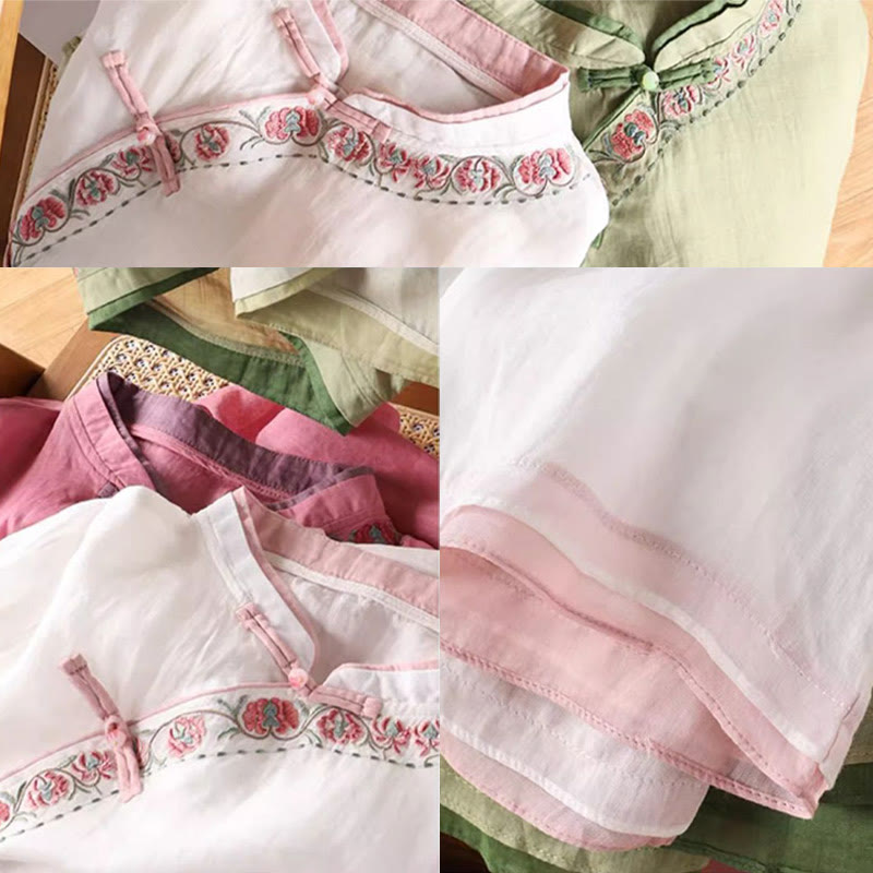 Vintage Zen Embroidery Plant Floral Pattern Chinese Frog-Button Design Three Quarter Sleeve Women's Cotton Linen Shirt