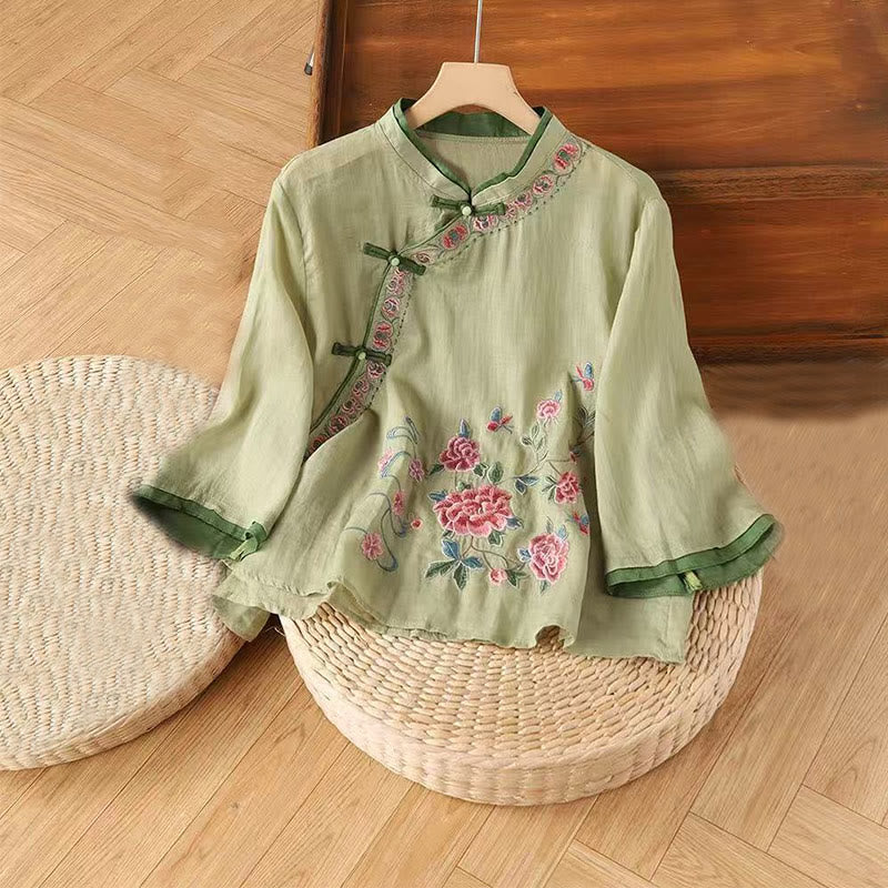 Vintage Zen Embroidery Plant Floral Pattern Chinese Frog-Button Design Three Quarter Sleeve Women's Cotton Linen Shirt