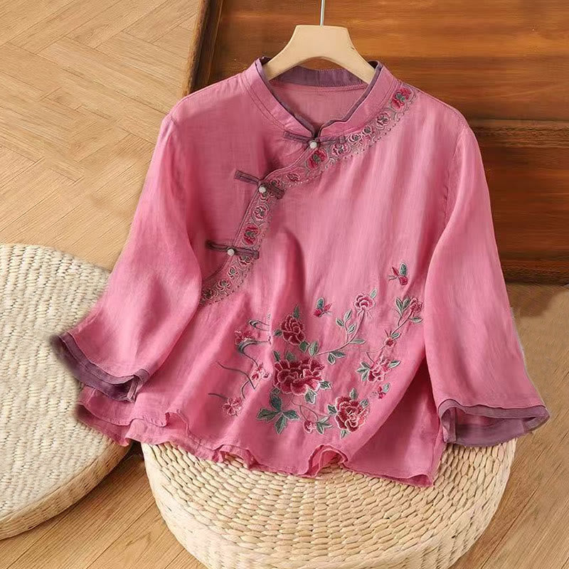 Vintage Zen Embroidery Plant Floral Pattern Chinese Frog-Button Design Three Quarter Sleeve Women's Cotton Linen Shirt