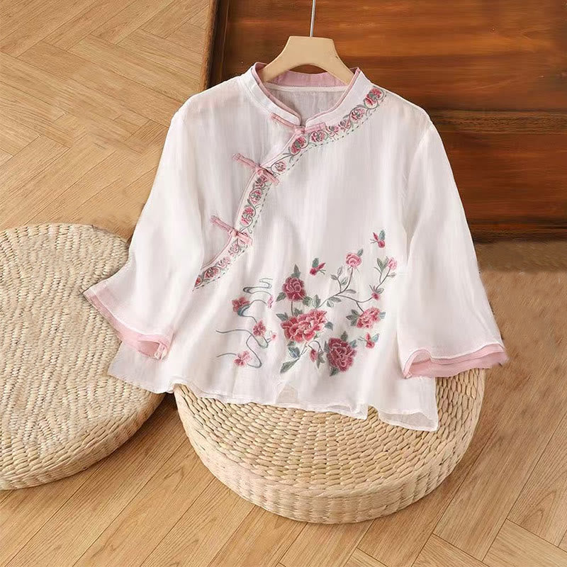 Vintage Zen Embroidery Plant Floral Pattern Chinese Frog-Button Design Three Quarter Sleeve Women's Cotton Linen Shirt