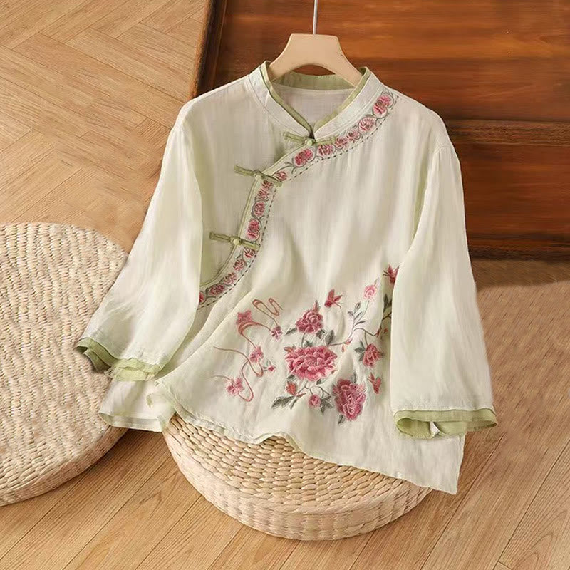 Vintage Zen Embroidery Plant Floral Pattern Chinese Frog-Button Design Three Quarter Sleeve Women's Cotton Linen Shirt