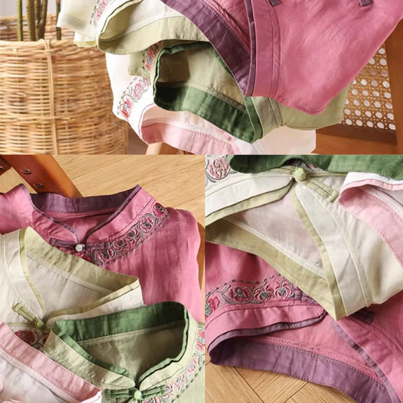 Vintage Zen Embroidery Plant Floral Pattern Chinese Frog-Button Design Three Quarter Sleeve Women's Cotton Linen Shirt