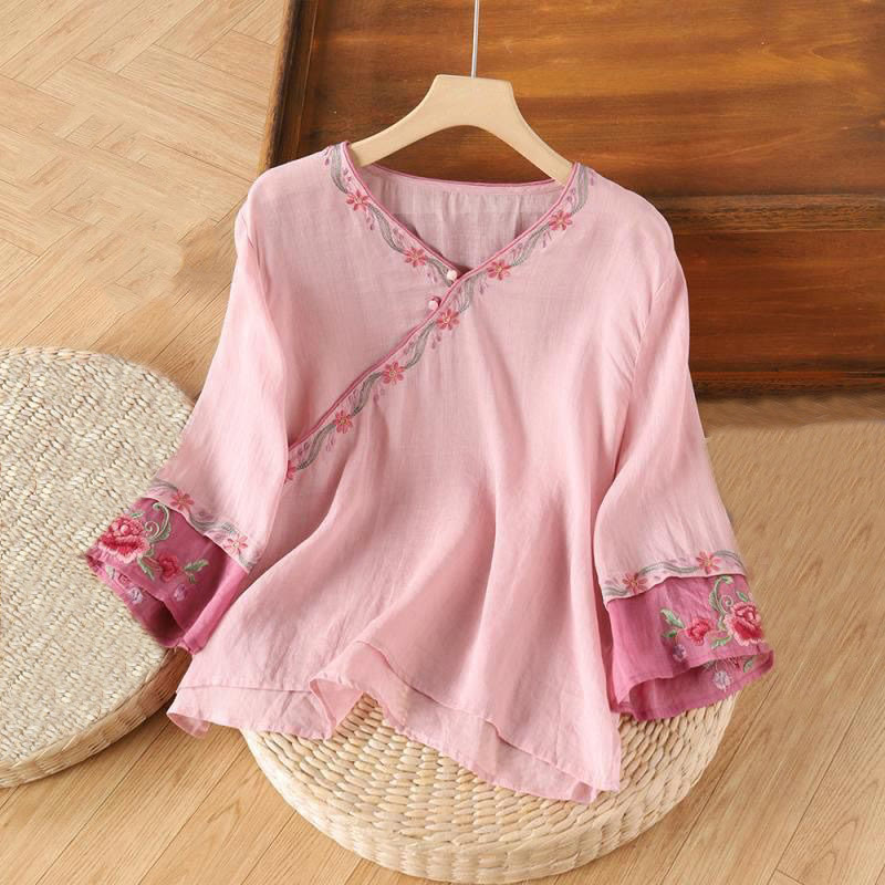 Spring Retro Embroidery Button Design Three Quarter Sleeve Women's Cotton Shirt