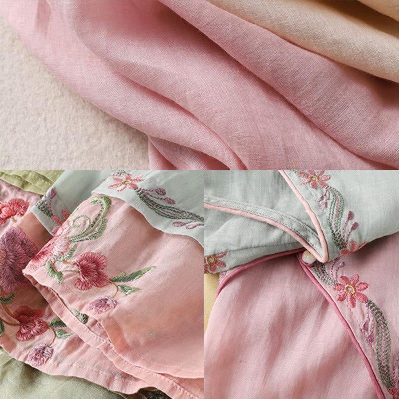 Spring Retro Embroidery Button Design Three Quarter Sleeve Women's Cotton Shirt