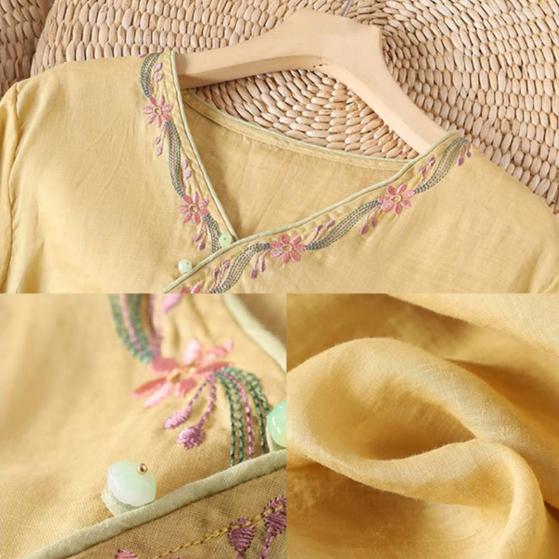 Spring Retro Embroidery Button Design Three Quarter Sleeve Women's Cotton Shirt