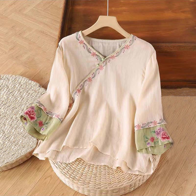 Spring Retro Embroidery Button Design Three Quarter Sleeve Women's Cotton Shirt