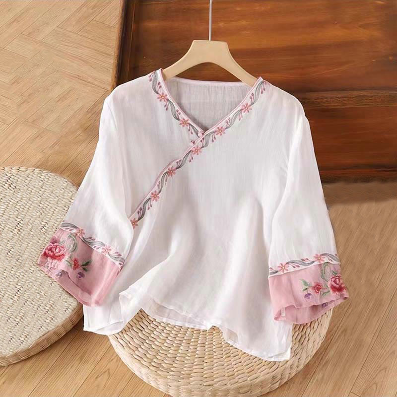 Spring Retro Embroidery Button Design Three Quarter Sleeve Women's Cotton Shirt