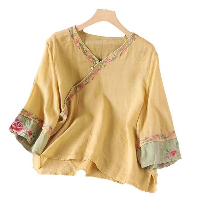Spring Retro Embroidery Button Design Three Quarter Sleeve Women's Cotton Shirt