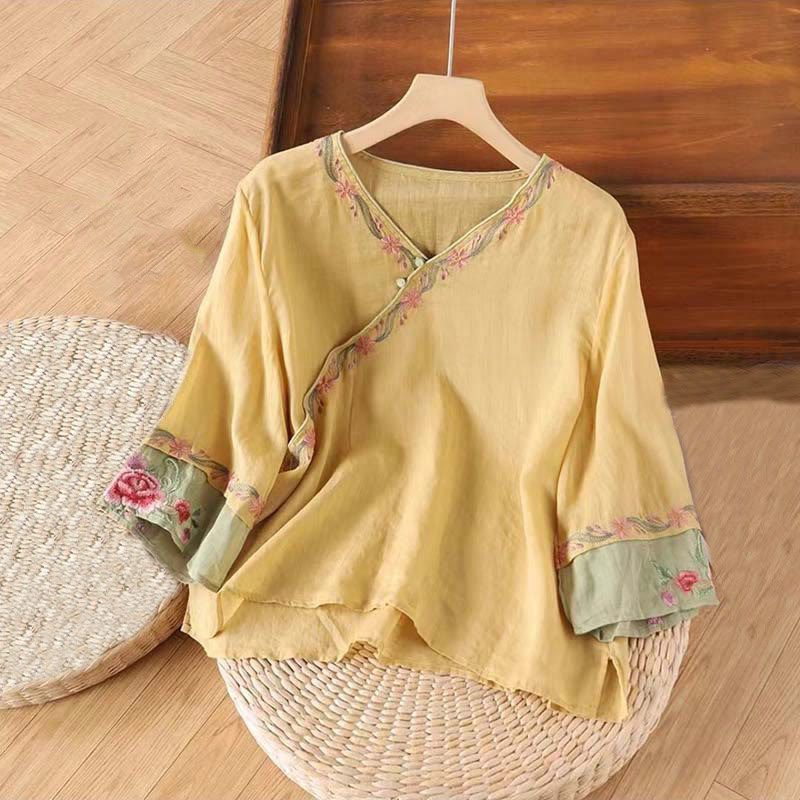 Spring Retro Embroidery Button Design Three Quarter Sleeve Women's Cotton Shirt