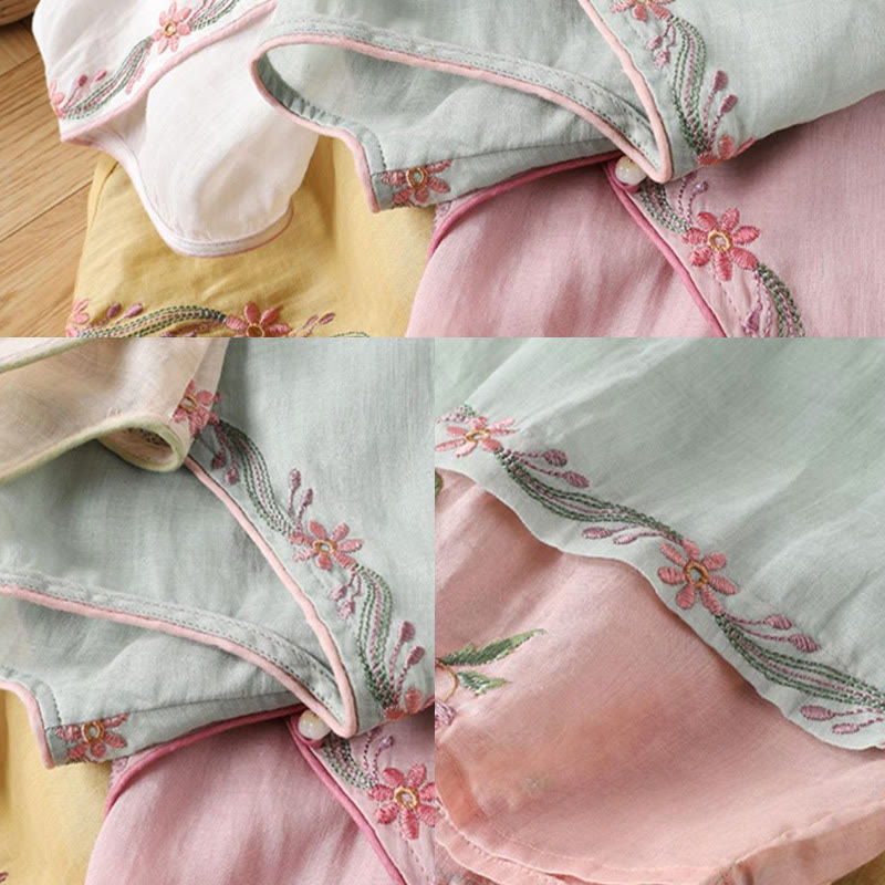 Spring Retro Embroidery Button Design Three Quarter Sleeve Women's Cotton Shirt