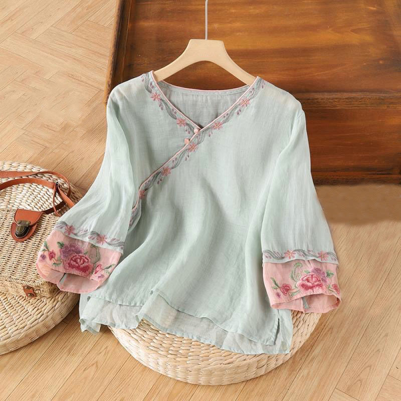 Spring Retro Embroidery Button Design Three Quarter Sleeve Women's Cotton Shirt