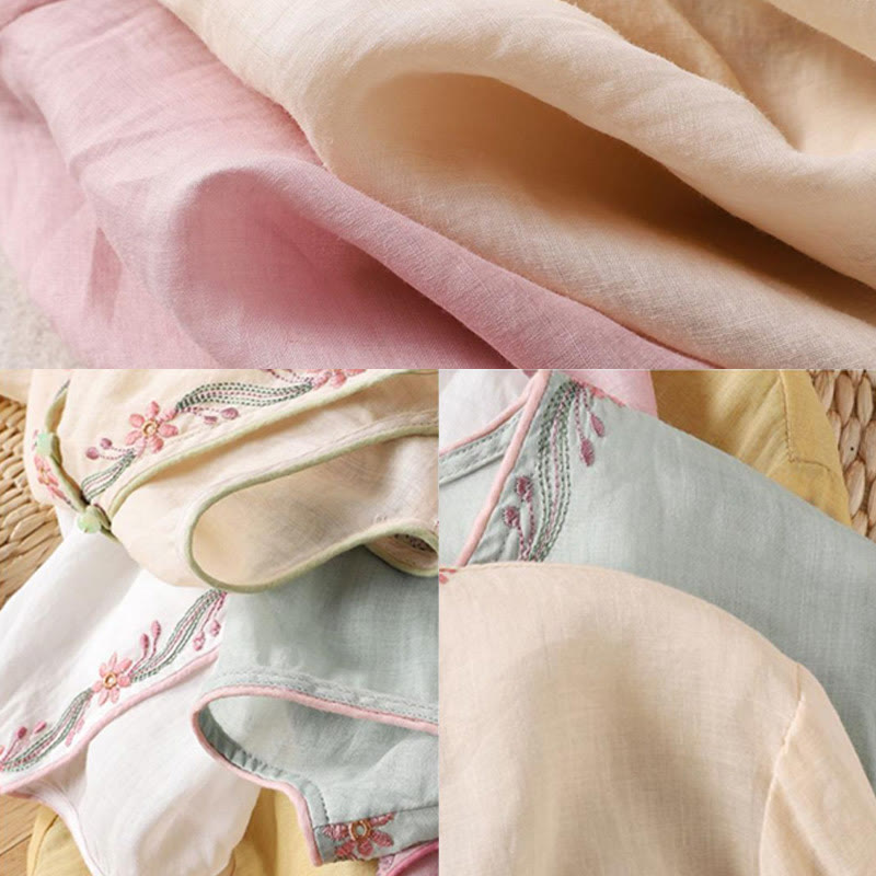 Spring Retro Embroidery Button Design Three Quarter Sleeve Women's Cotton Shirt