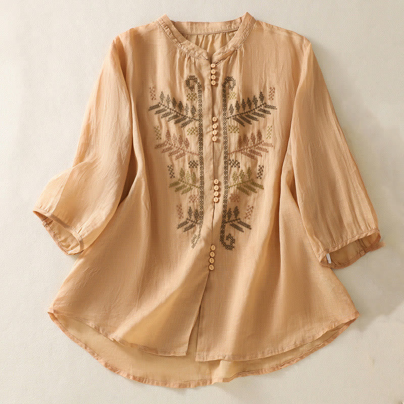 Casual Artistic Embroidery Leaves Pattern Women's Cotton Linen Three Quarter Sleeve Shirt Cardigan