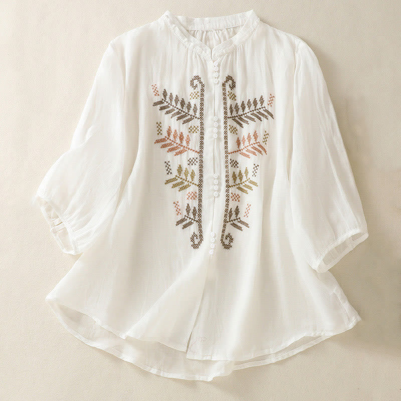 Casual Artistic Embroidery Leaves Pattern Women's Cotton Linen Three Quarter Sleeve Shirt Cardigan