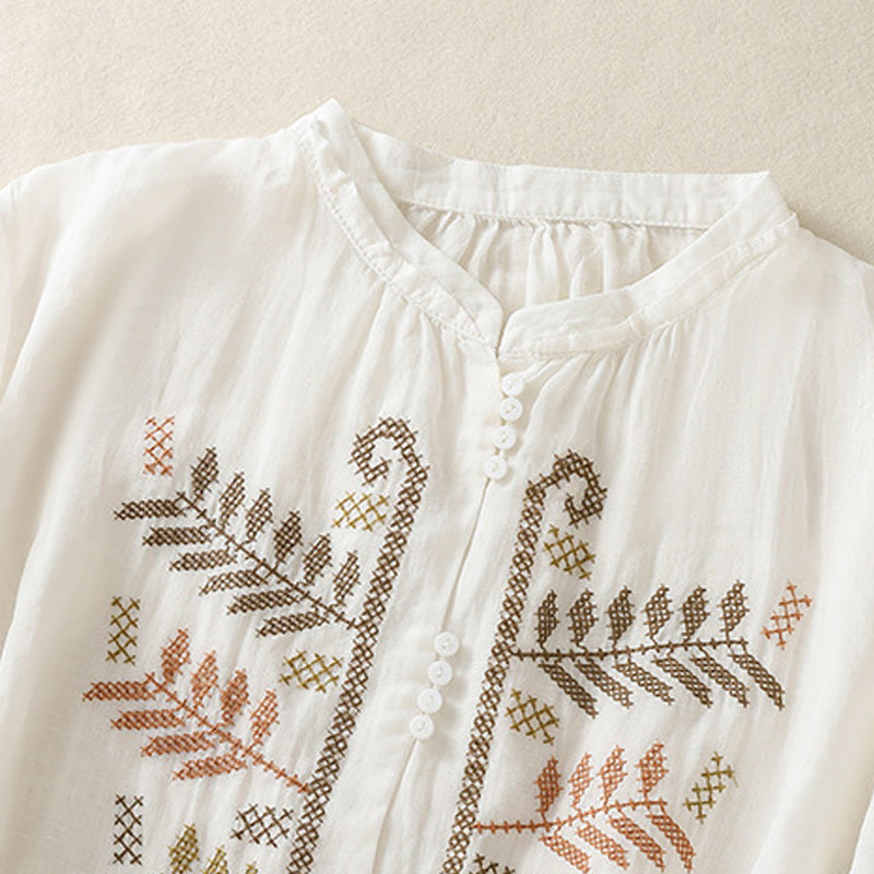 Casual Artistic Embroidery Leaves Pattern Women's Cotton Linen Three Quarter Sleeve Shirt Cardigan