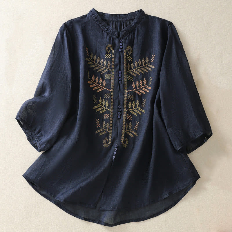 Casual Artistic Embroidery Leaves Pattern Women's Cotton Linen Three Quarter Sleeve Shirt Cardigan