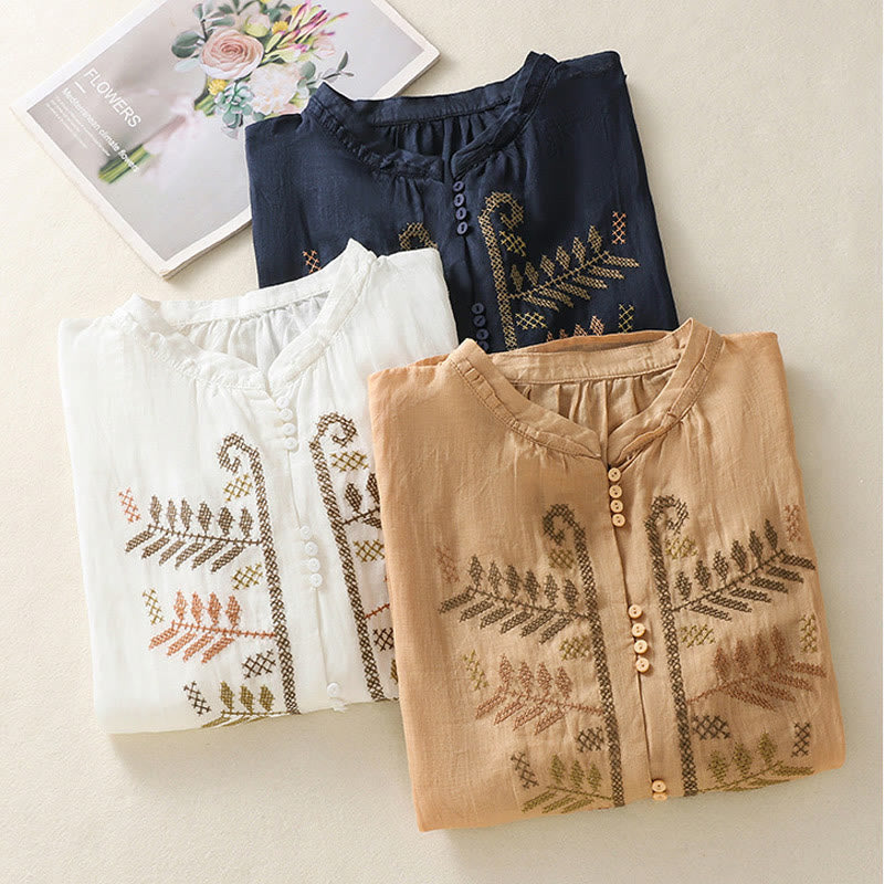 Casual Artistic Embroidery Leaves Pattern Women's Cotton Linen Three Quarter Sleeve Shirt Cardigan