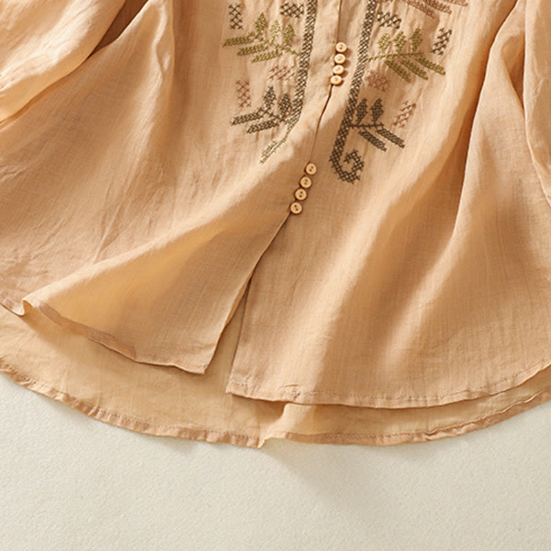 Casual Artistic Embroidery Leaves Pattern Women's Cotton Linen Three Quarter Sleeve Shirt Cardigan