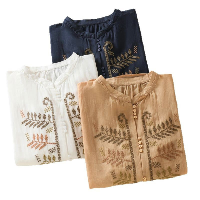 Casual Artistic Embroidery Leaves Pattern Women's Cotton Linen Three Quarter Sleeve Shirt Cardigan