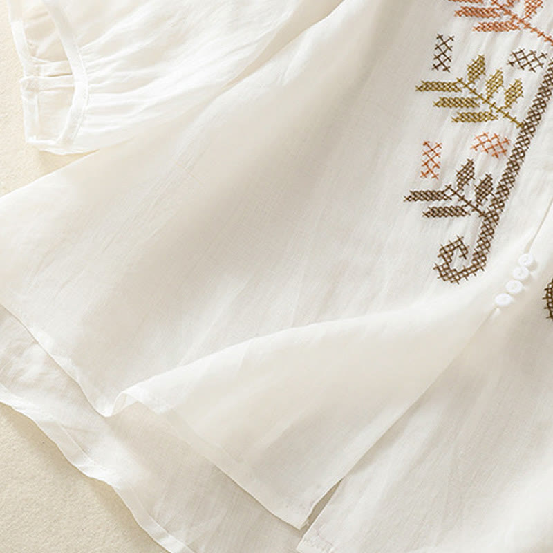 Casual Artistic Embroidery Leaves Pattern Women's Cotton Linen Three Quarter Sleeve Shirt Cardigan