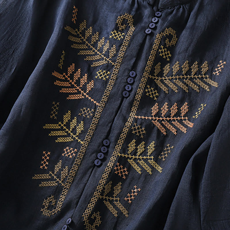 Casual Artistic Embroidery Leaves Pattern Women's Cotton Linen Three Quarter Sleeve Shirt Cardigan