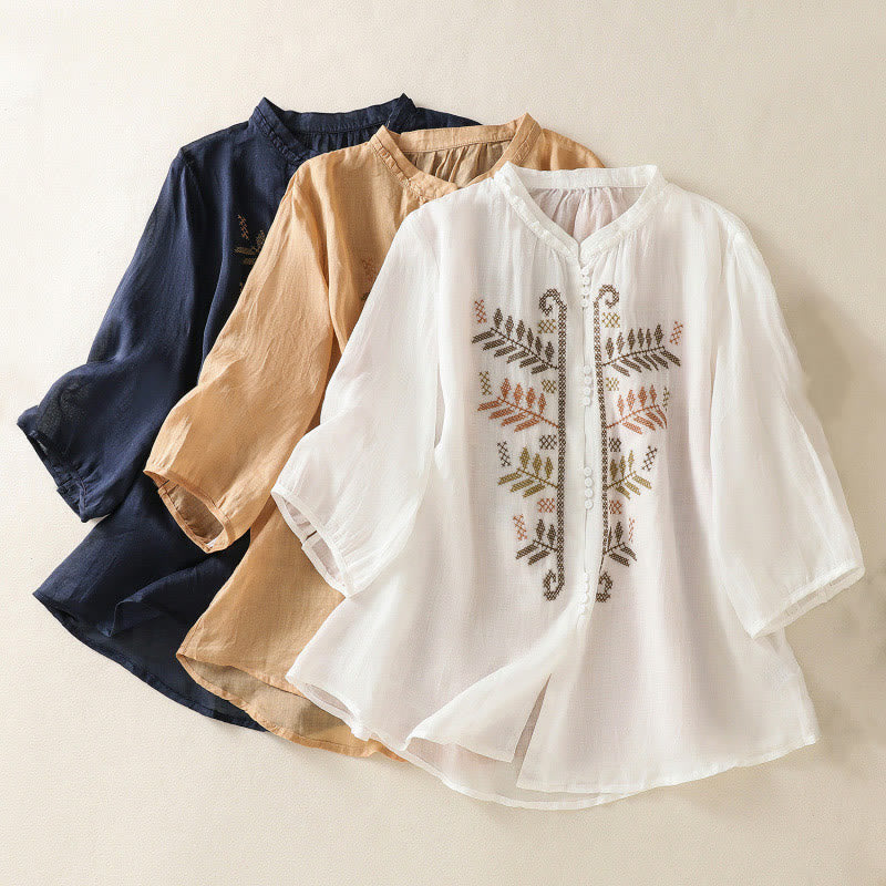 Casual Artistic Embroidery Leaves Pattern Women's Cotton Linen Three Quarter Sleeve Shirt Cardigan