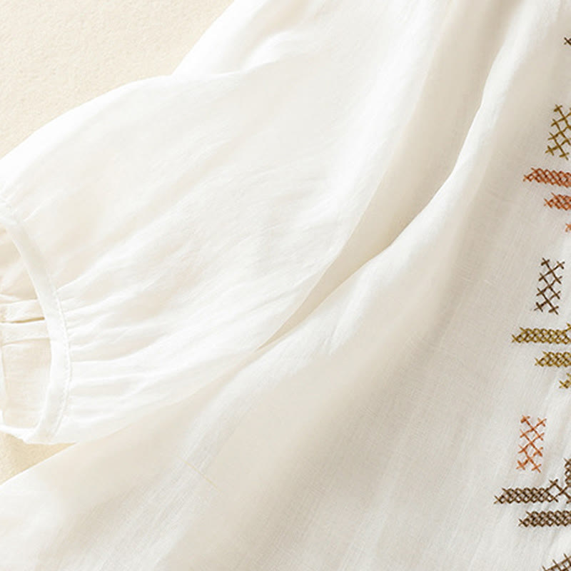 Casual Artistic Embroidery Leaves Pattern Women's Cotton Linen Three Quarter Sleeve Shirt Cardigan