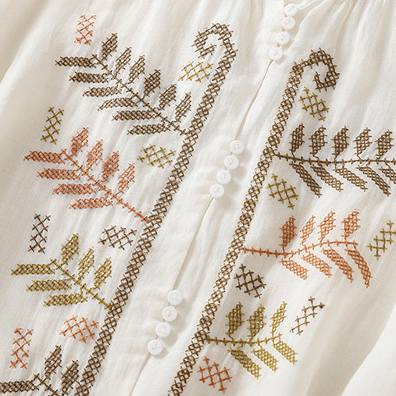 Casual Artistic Embroidery Leaves Pattern Women's Cotton Linen Three Quarter Sleeve Shirt Cardigan