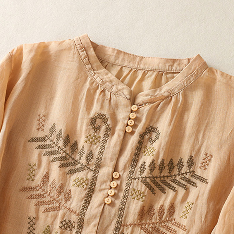 Casual Artistic Embroidery Leaves Pattern Women's Cotton Linen Three Quarter Sleeve Shirt Cardigan