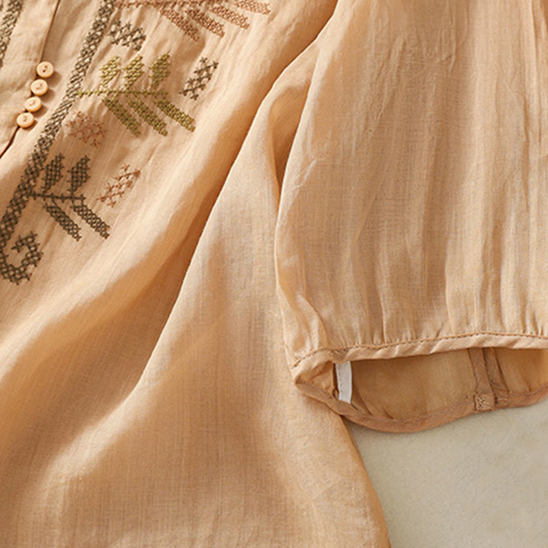 Casual Artistic Embroidery Leaves Pattern Women's Cotton Linen Three Quarter Sleeve Shirt Cardigan