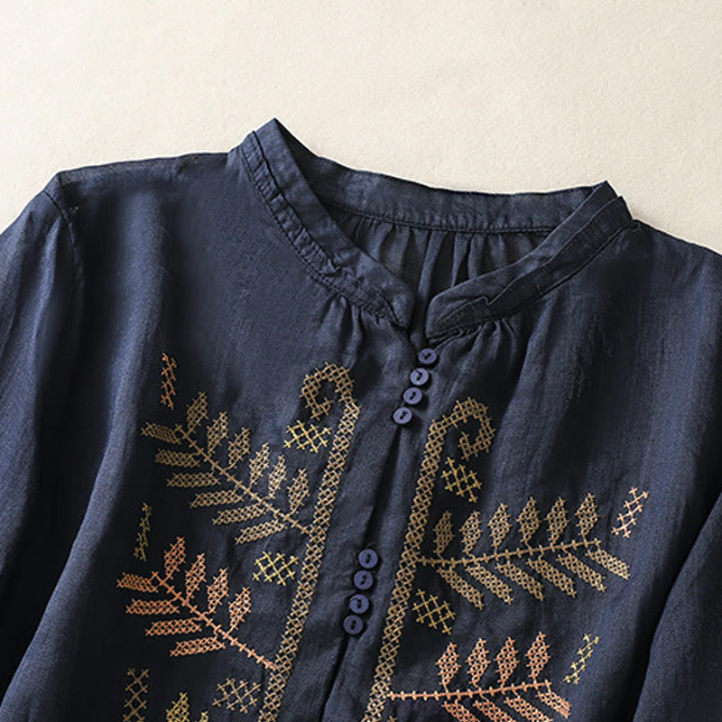 Casual Artistic Embroidery Leaves Pattern Women's Cotton Linen Three Quarter Sleeve Shirt Cardigan
