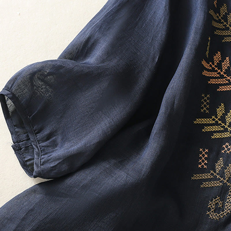 Casual Artistic Embroidery Leaves Pattern Women's Cotton Linen Three Quarter Sleeve Shirt Cardigan