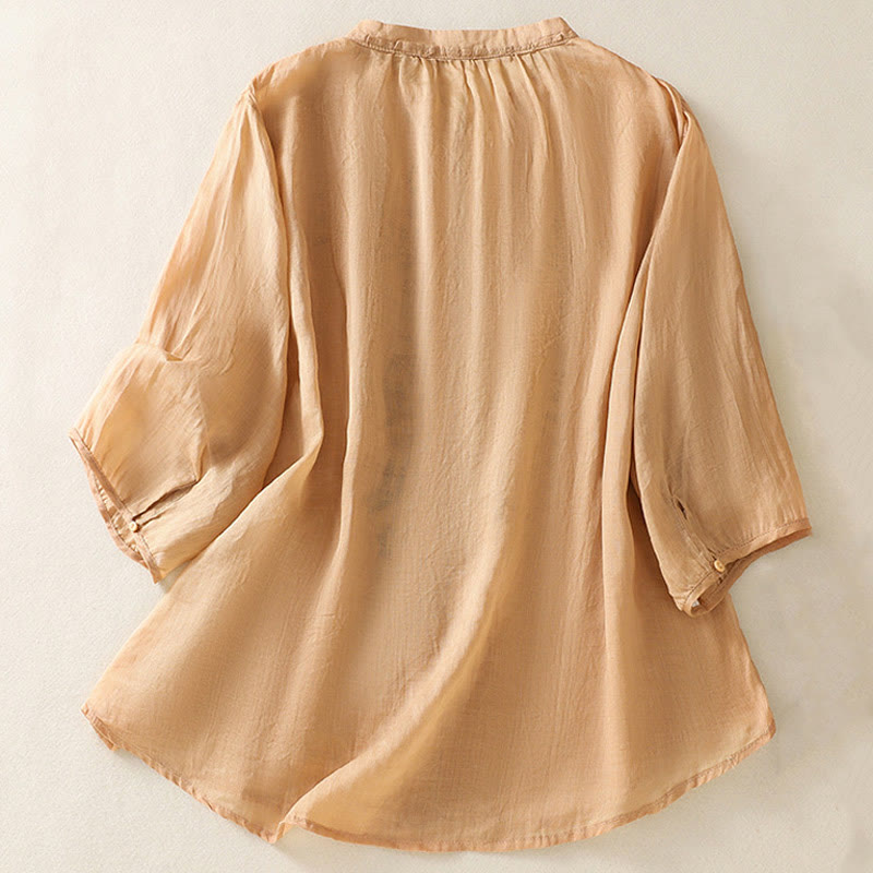 Casual Artistic Embroidery Leaves Pattern Women's Cotton Linen Three Quarter Sleeve Shirt Cardigan