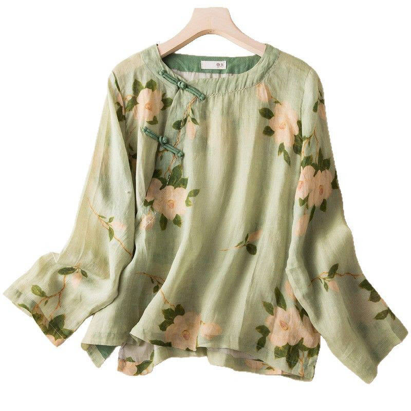 Lightweight Cotton Linen Stand Collar Frog-Button Meditation Shirt