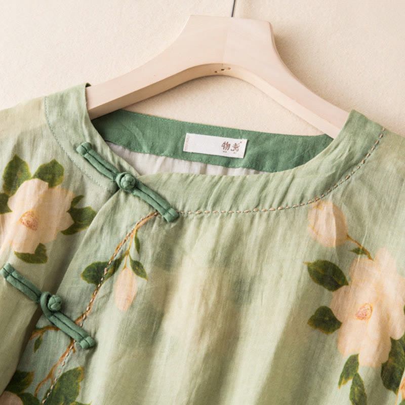 Lightweight Cotton Linen Stand Collar Frog-Button Meditation Shirt