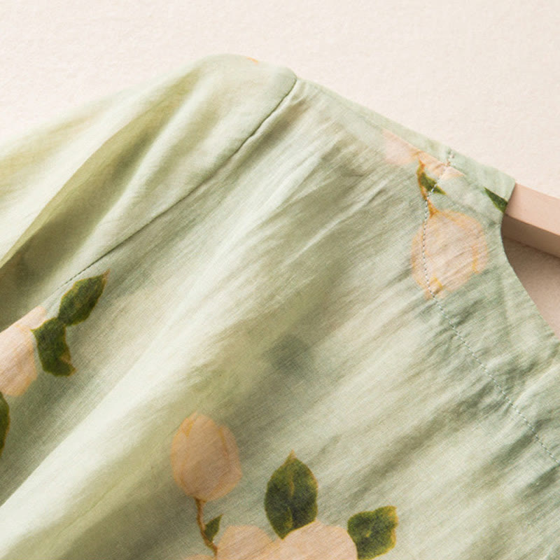 Lightweight Cotton Linen Stand Collar Frog-Button Meditation Shirt