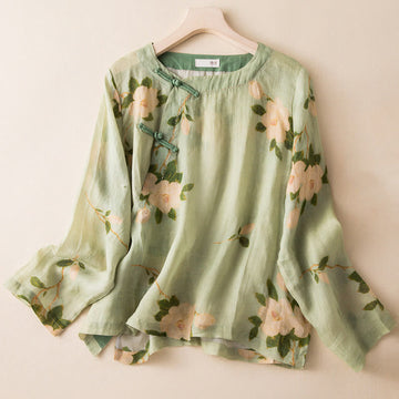 Lightweight Cotton Linen Stand Collar Frog-Button Meditation Shirt