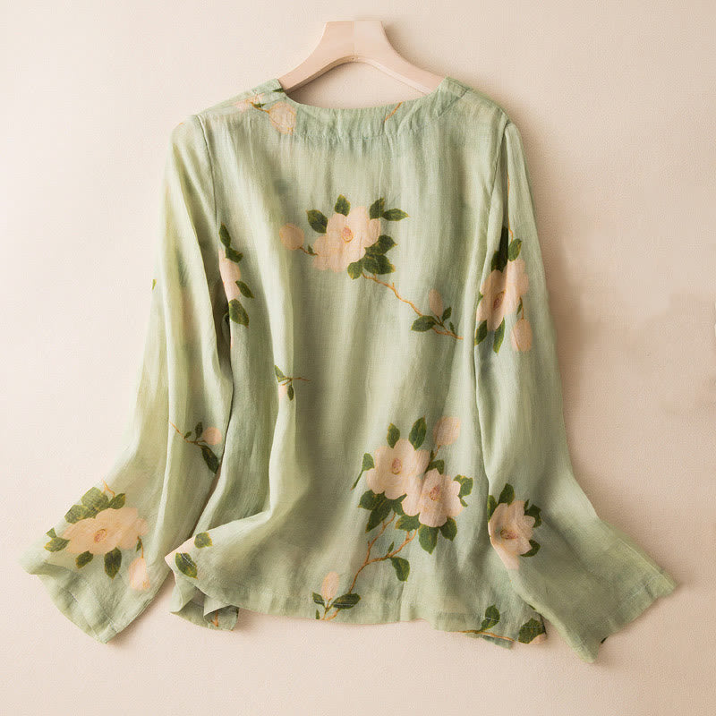Lightweight Cotton Linen Stand Collar Frog-Button Meditation Shirt