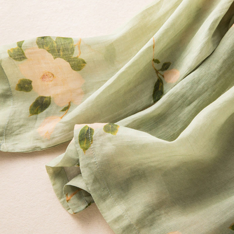 Lightweight Cotton Linen Stand Collar Frog-Button Meditation Shirt