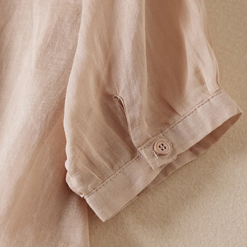 Summer Vintage Casual Pure Color Embroiderd Button Design Women's Cotton Linen Half Sleeve Shirt