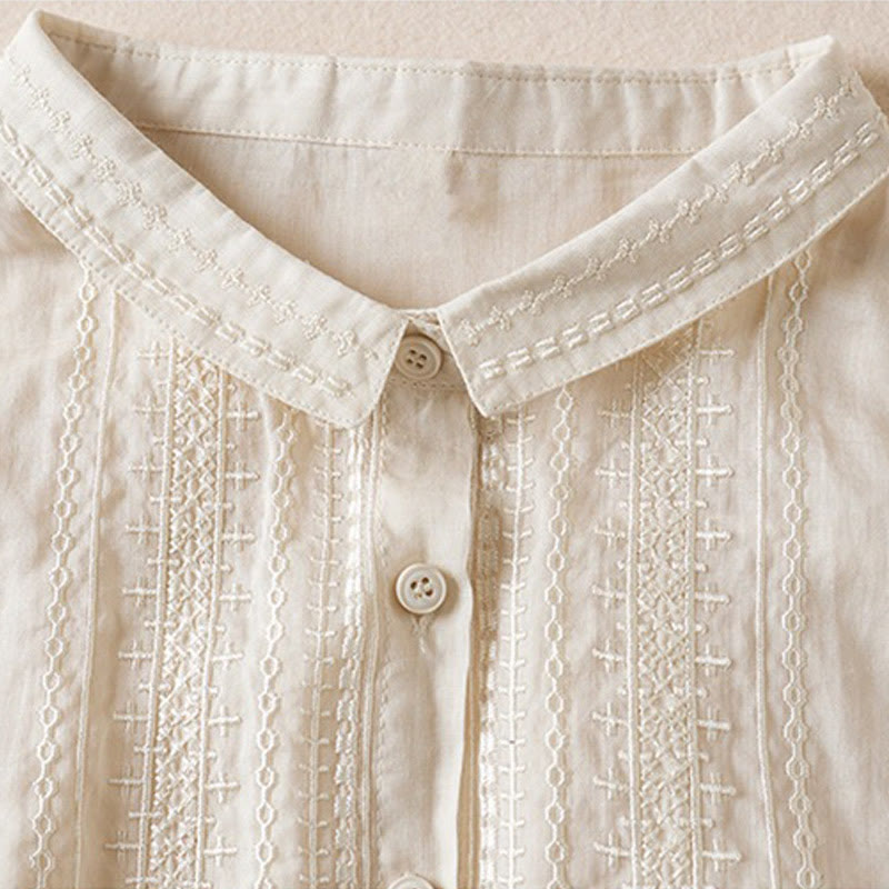 Summer Vintage Casual Pure Color Embroiderd Button Design Women's Cotton Linen Half Sleeve Shirt