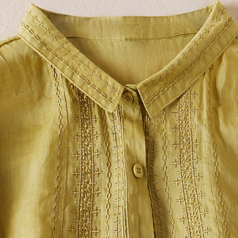 Summer Vintage Casual Pure Color Embroiderd Button Design Women's Cotton Linen Half Sleeve Shirt