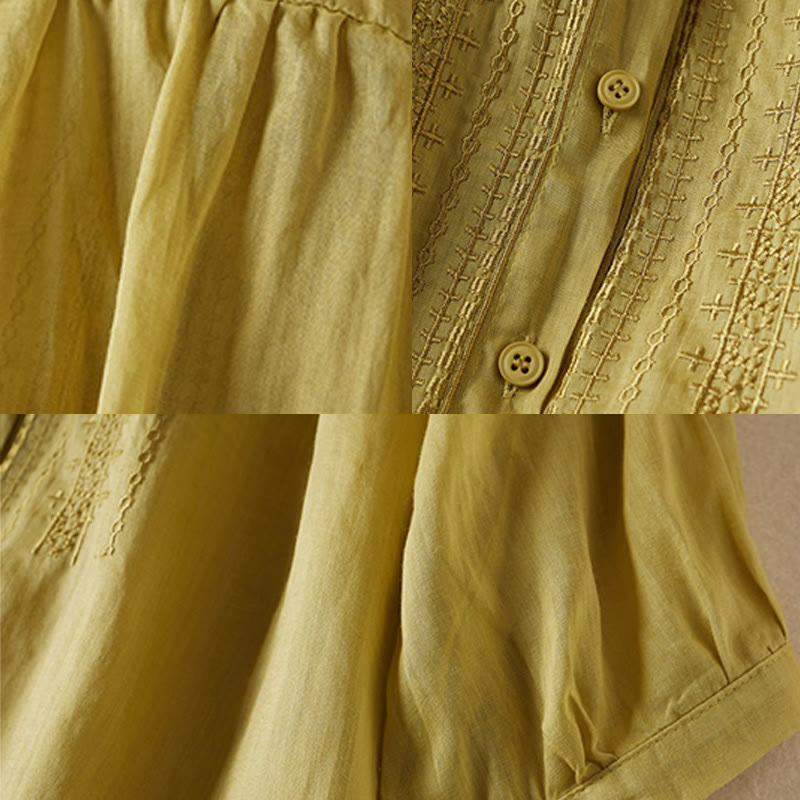 Summer Vintage Casual Pure Color Embroiderd Button Design Women's Cotton Linen Half Sleeve Shirt